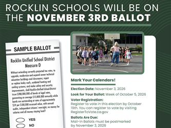 Rocklin Unified School District Logo: A dark green logo featuring the historic 1866 schoolhouse illustration and text reading "ROCKLIN UNIFIED Educational Excellence" at the top left, with address text "2615 Sierra Meadows Drive, Rocklin, CA 95677" underneath.  Sample Ballot Graphic: An illustration of an official sample ballot paper displaying the full text for "Rocklin Unified School District Measure D" alongside checkable oval options for "YES" and "NO."  Recess/Outdoor Activity Image: A group of young elementary students gathered in a circle on an outdoor blacktop basketball court, listening to a teacher standing in the center.