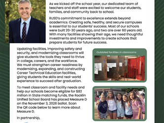 Superintendent Headshot: A professional portrait of Superintendent Roger Stock wearing a dark suit jacket, light blue dress shirt, patterned tie, and glasses, smiling against a leafy green background.  Outdated Facilities: A photograph showing worn metal classroom partitions and protective welding curtains inside a technical workshop or vocational classroom.  Group of Students: A group of five smiling young girls standing together outdoors with arms around each others shoulders.  QR Code: A square, scannable QR code located in the bottom-right corner for accessing additional information about Measure D.
