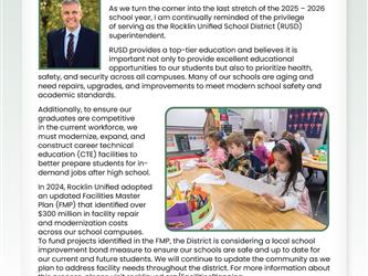 A formal letter titled "UPDATING ROCKLIN SCHOOLS" addressed to Rocklin residents. It includes a headshot of Superintendent Roger Stock and his signature. The text explains that the 2024 Facilities Master Plan identified over $300 million in needed repairs. A central photo shows young elementary students working at a desk with art supplies.