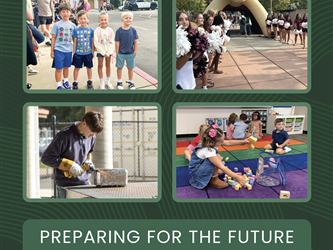 Rocklin Unified School District Logo: A dark green circular seal featuring a central illustration of a historic schoolhouse labeled "1866" with a flag on top, surrounded by text reading "ROCKLIN UNIFIED" across the top and "Educational Excellence" below.  Top-Left Image: Four young elementary school students standing side by side outdoors on a sidewalk, smiling at the camera.  Top-Right Image: Cheerleaders holding pom-poms lining a walkway leading to a large, inflatable mascot head archway at a school event.  Bottom-Left Image: A student wearing protective safety goggles and heavy-duty work gloves using a grinding tool on a piece of metal at an outdoor workbench.  Bottom-Right Image: Young children sitting and playing with colorful wooden building blocks on a multi-colored play mat inside a primary school classroom.